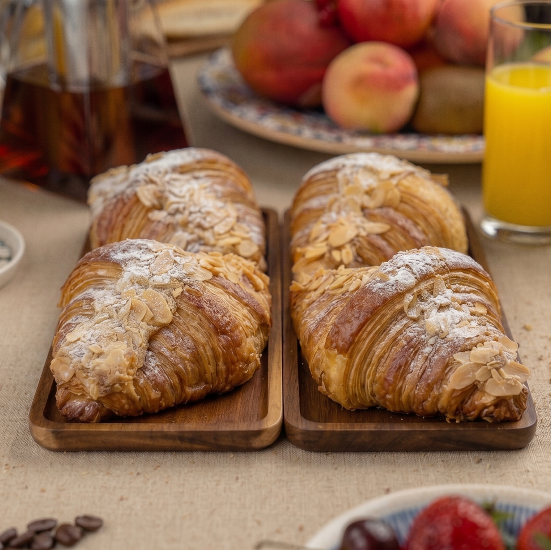 Four almond croissants on a wooden board with a breakfast setting including peaches, coffee, and juice.