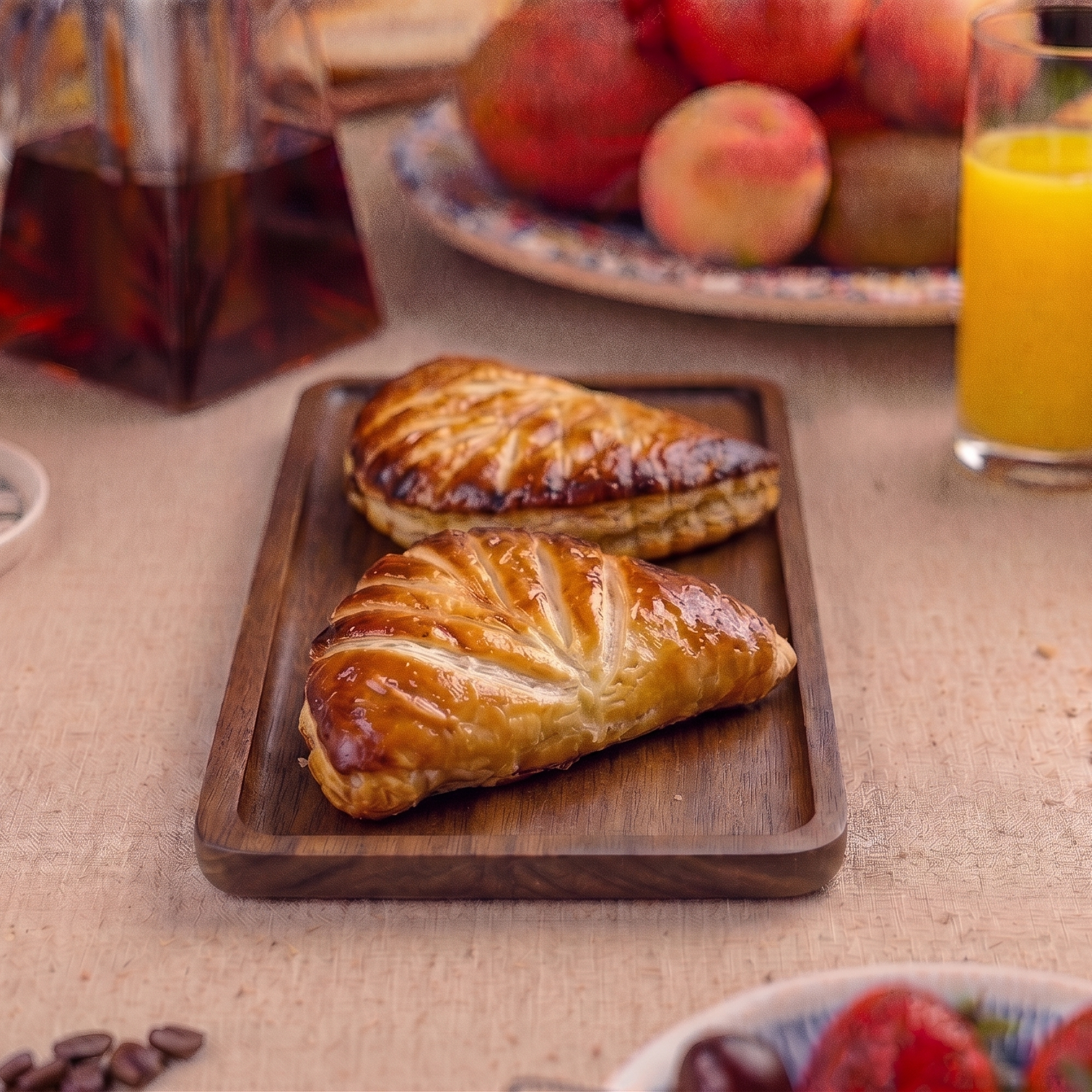 Pastries on a wooden tray with a breakfast setting including coffee, orange juice, and fruit.