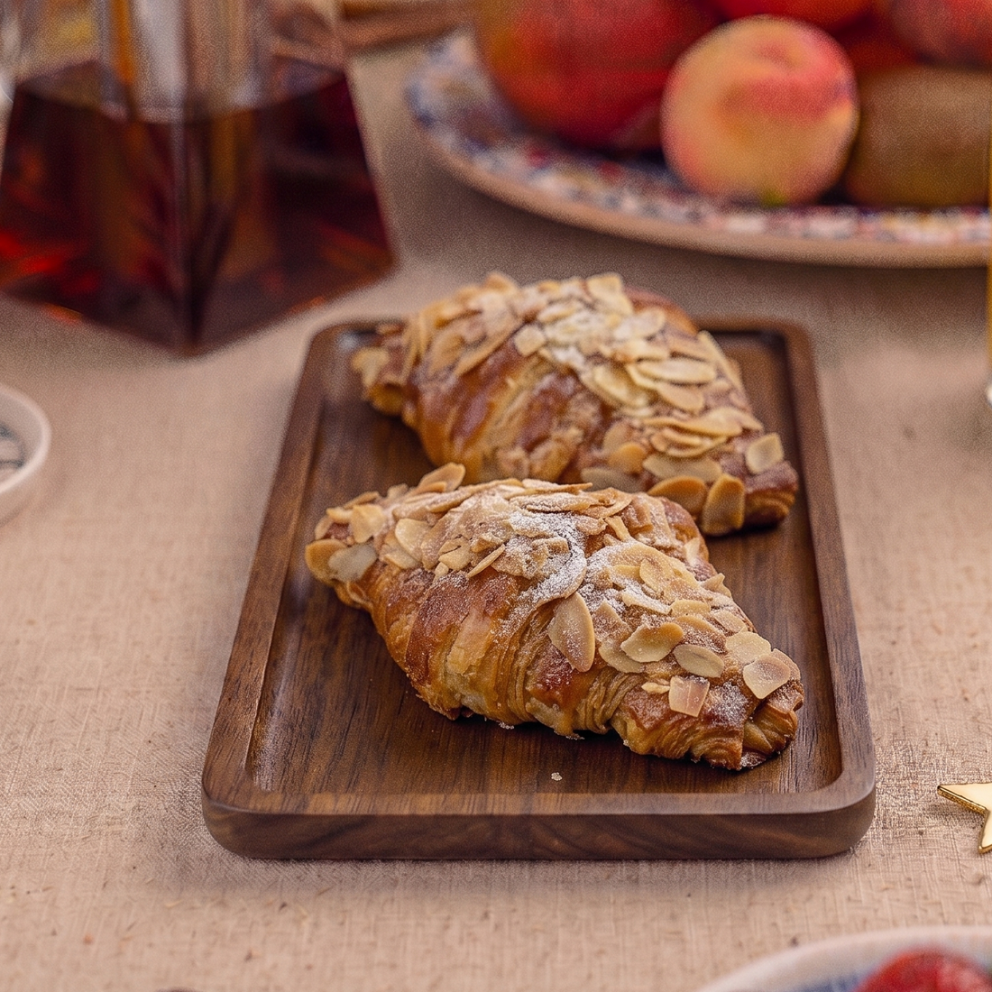 Wooden tray with croissants on a table with coffee, juice, and fruit.