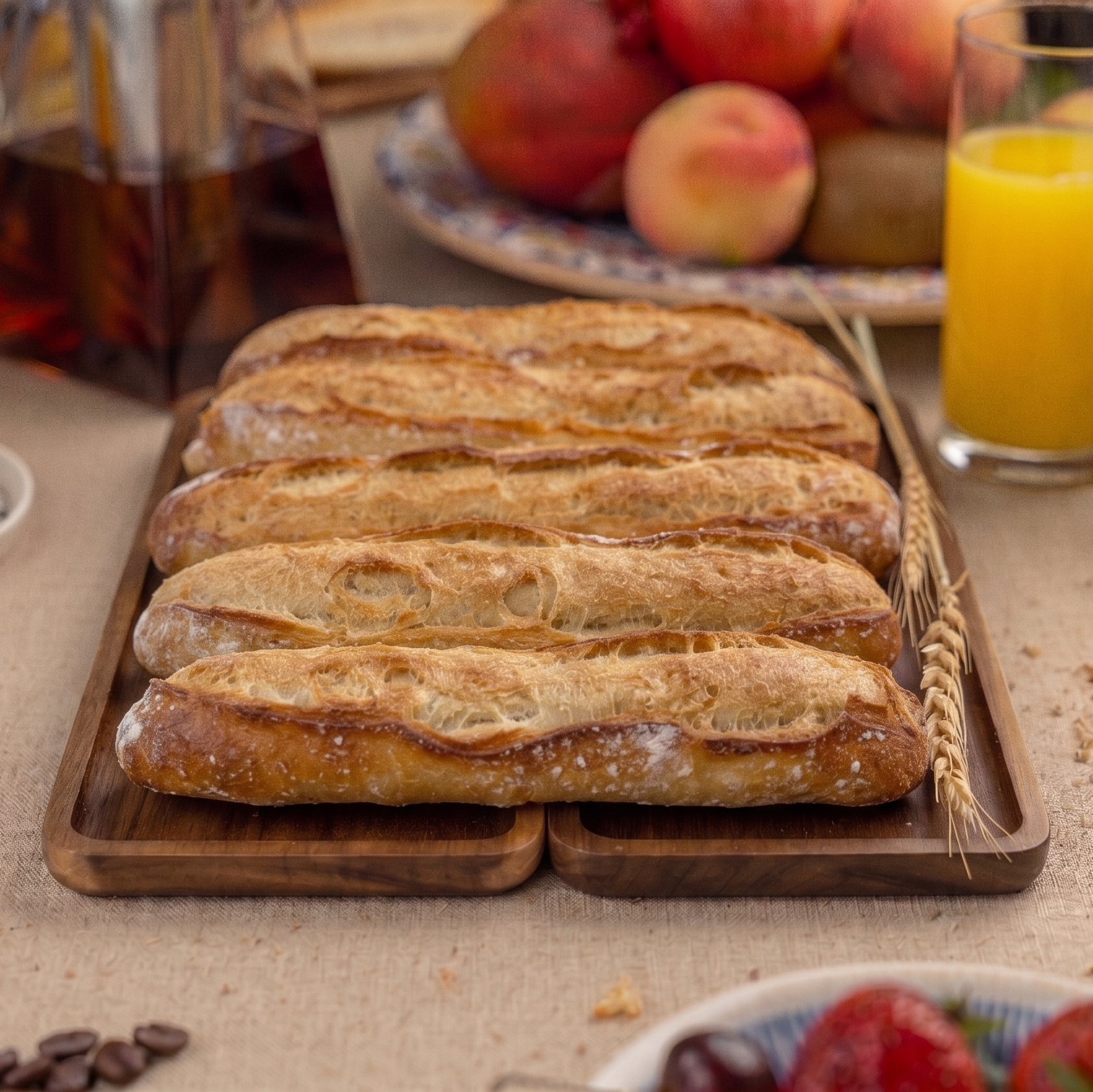 Tray of baguettes on a table with coffee, orange juice, and fruit.