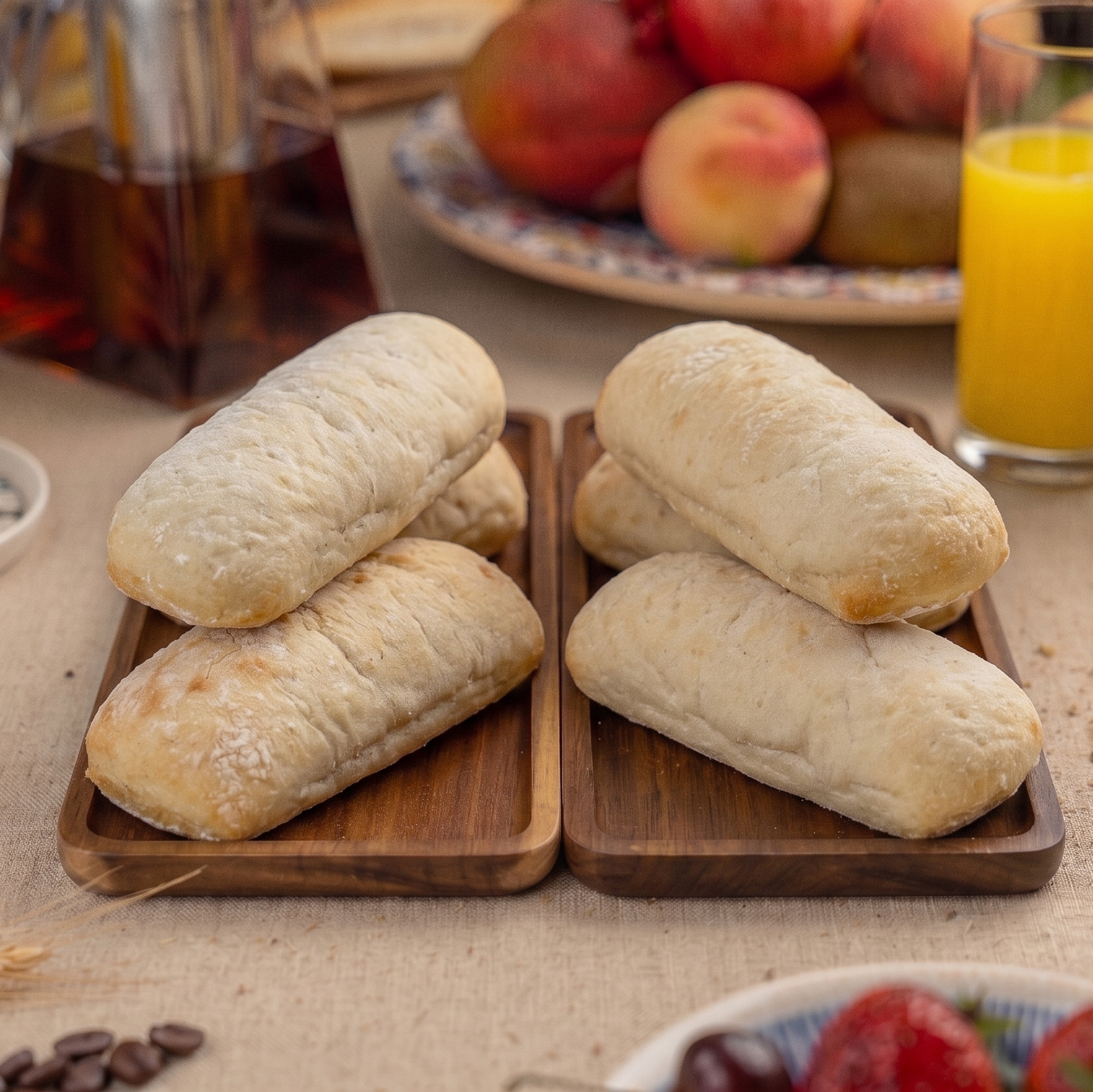 Kebab Bread on wooden trays with a breakfast setting including coffee, orange juice, and fruits.