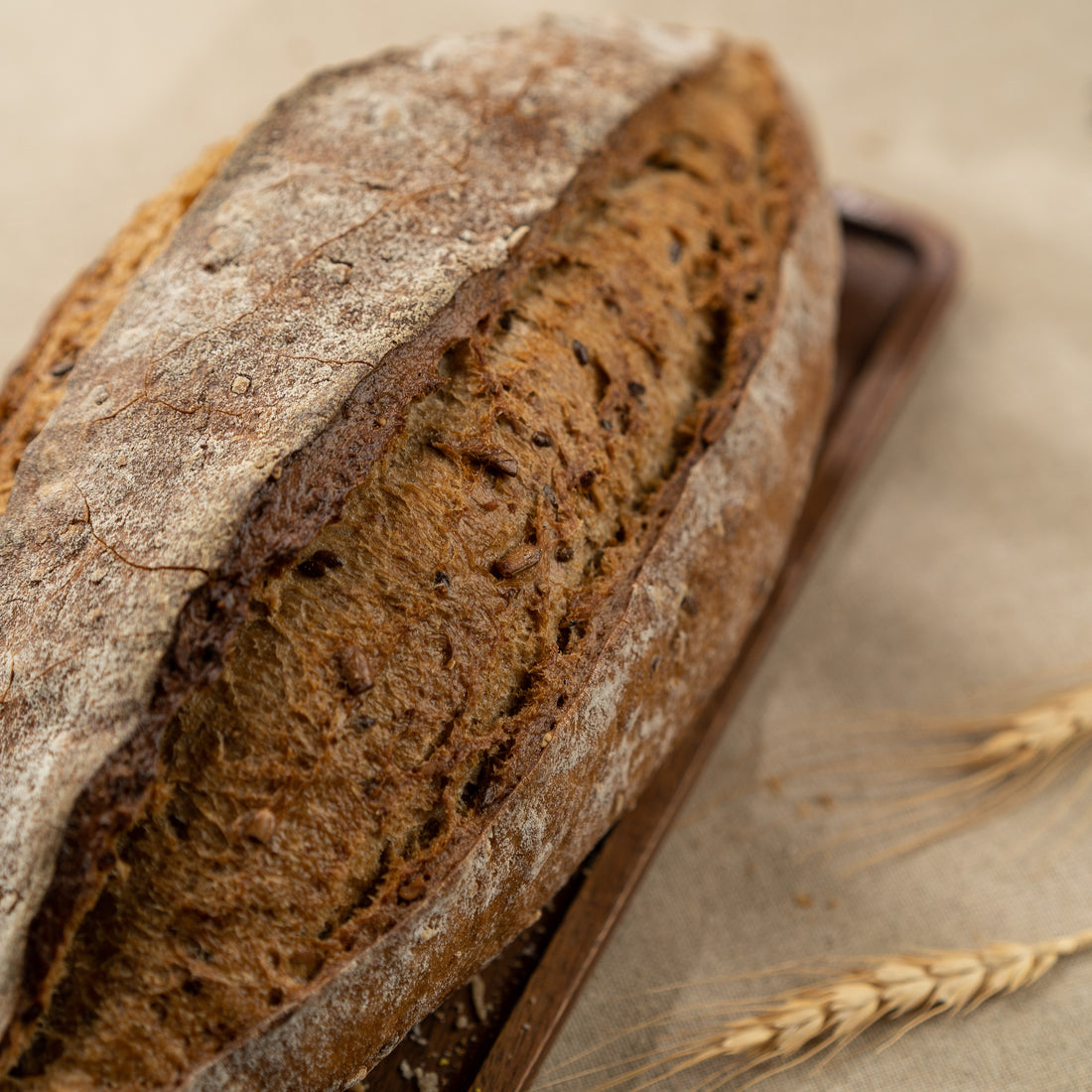 Multigrain bread with a rustic crust on a textured surface
