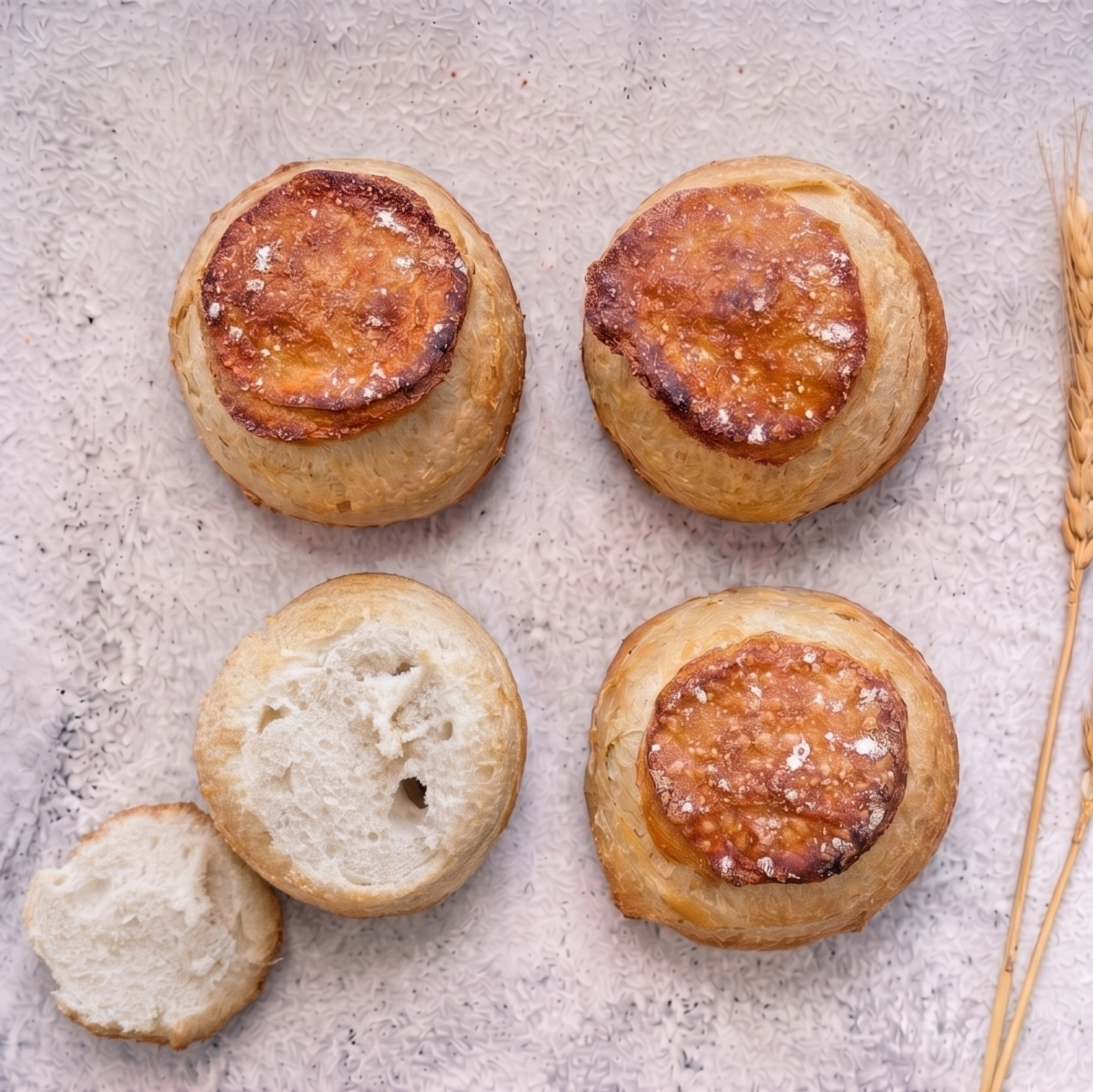 Four bread rolls on a textured surface with wheat stalks