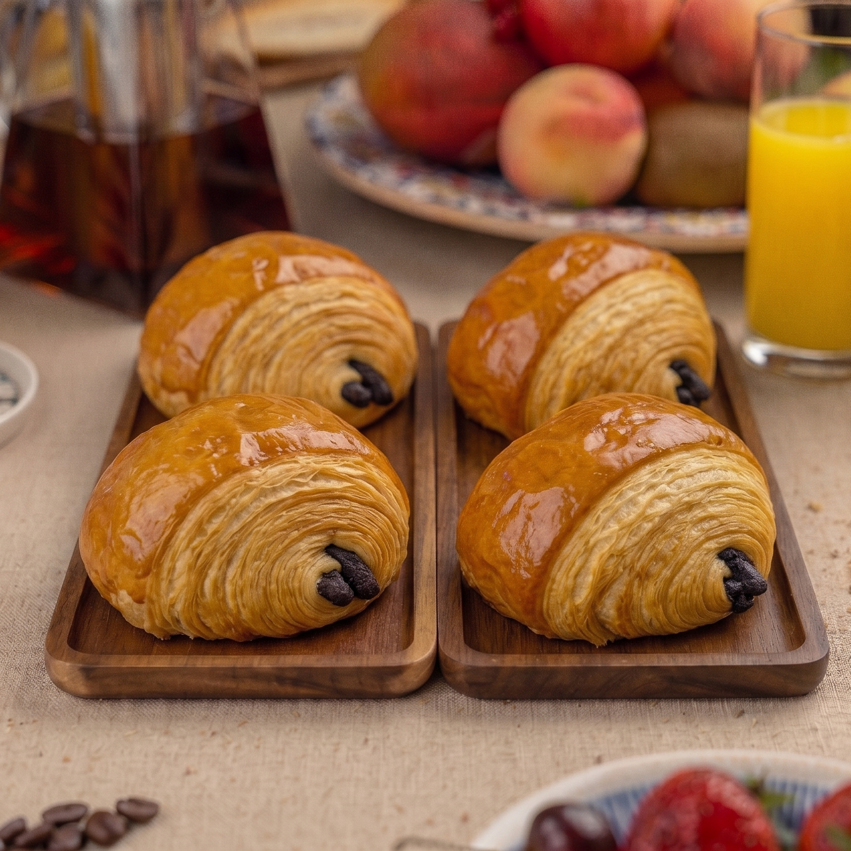 Pastries on a wooden tray with a breakfast setting including coffee, orange juice, and fruit. 
