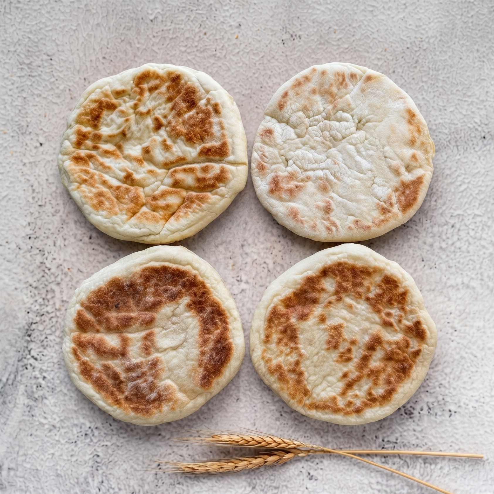 Four round bread loaves with a rustic finish on a gray surface.