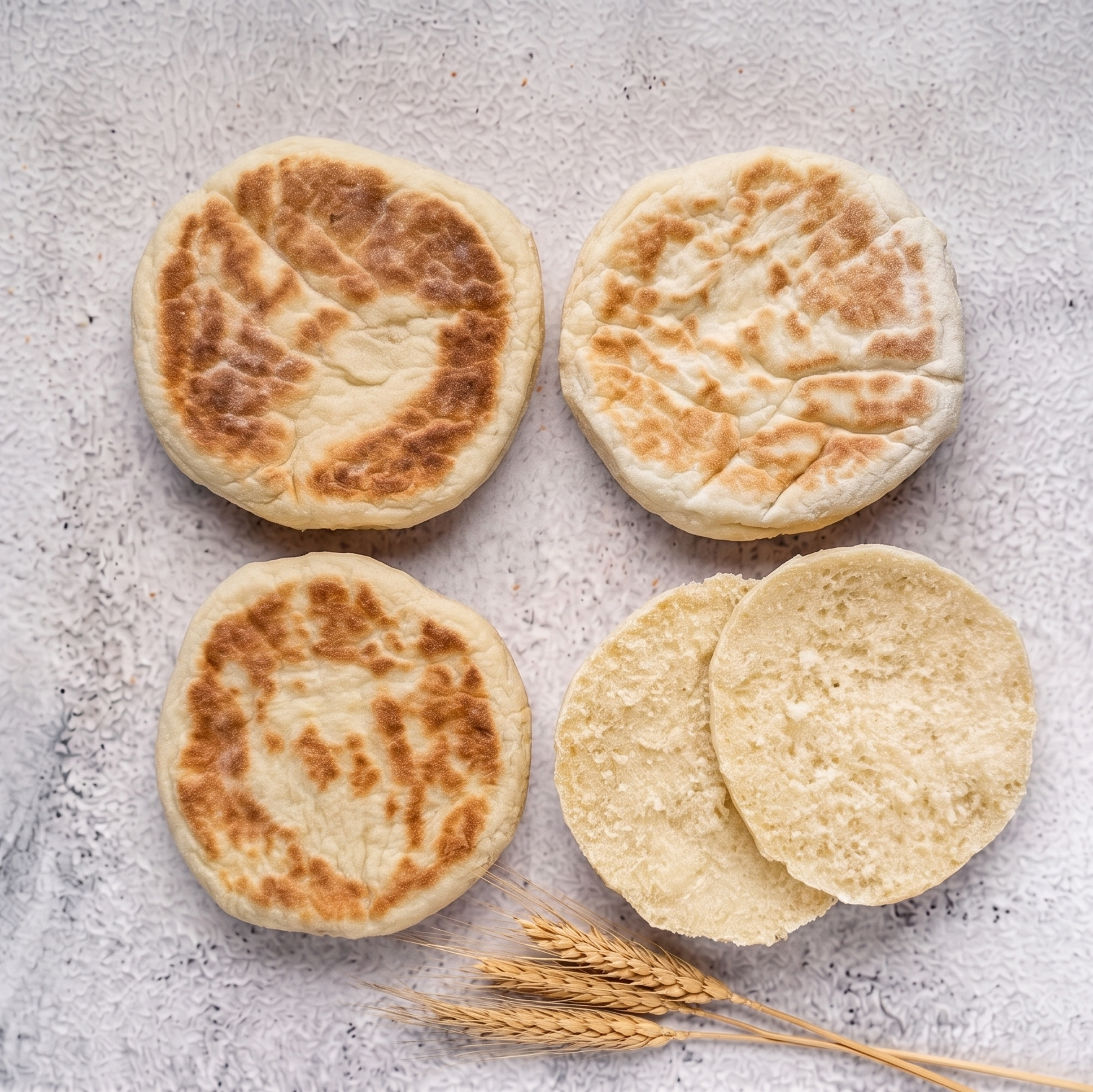 Four bread rolls on a textured surface with wheat stalks.