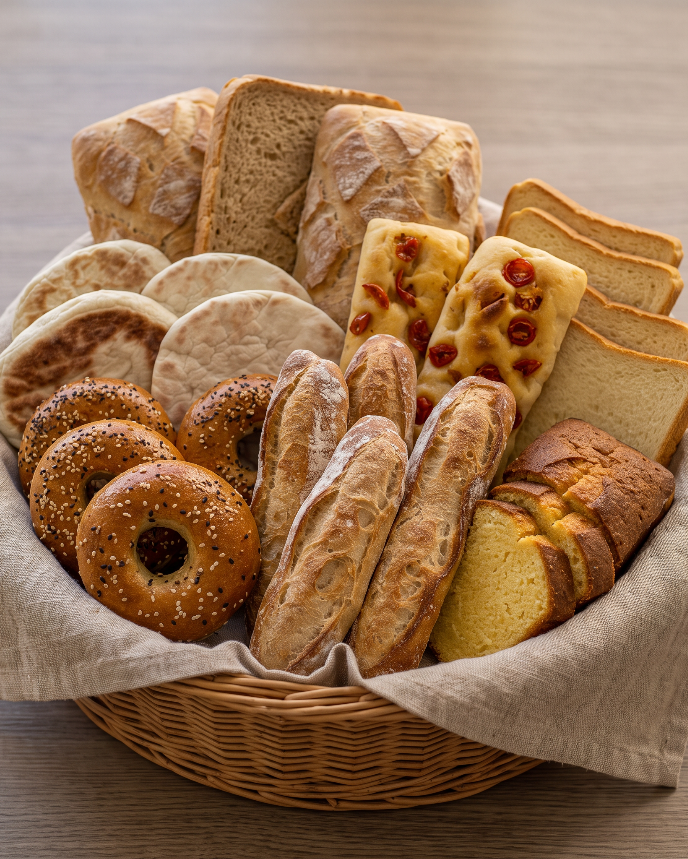 A wicker basket lined with a beige cloth, filled with assorted baked goods including baguettes, sliced bread, focaccia, and bagels, set on a wooden tabletop.