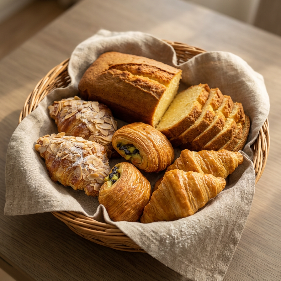 A wicker basket lined with a beige linen cloth, filled with assorted baked goods including a lemon cake and pastries on a wooden table in warm natural light.