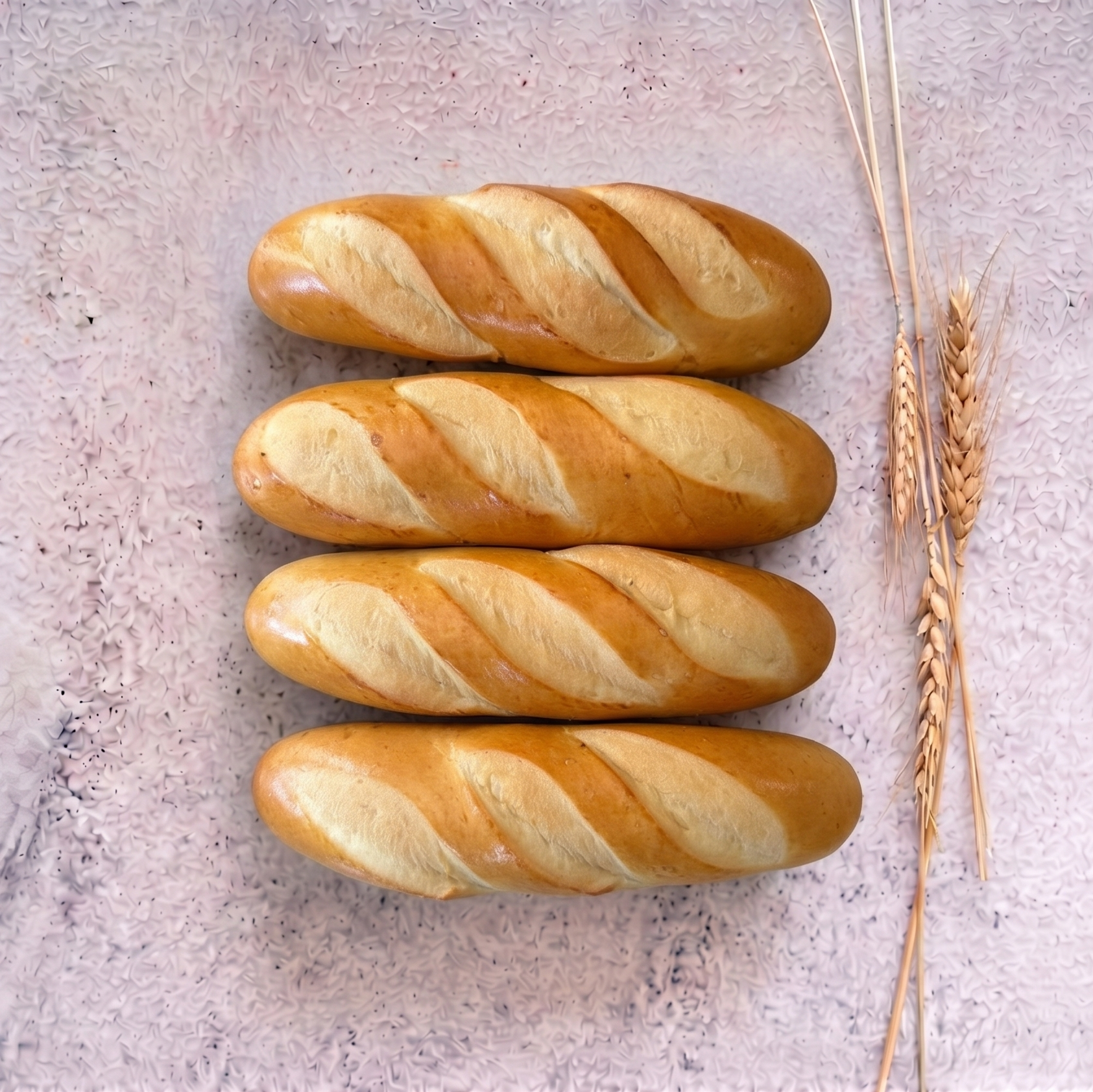 Four bread loaves with a wheat stalk on a textured surface