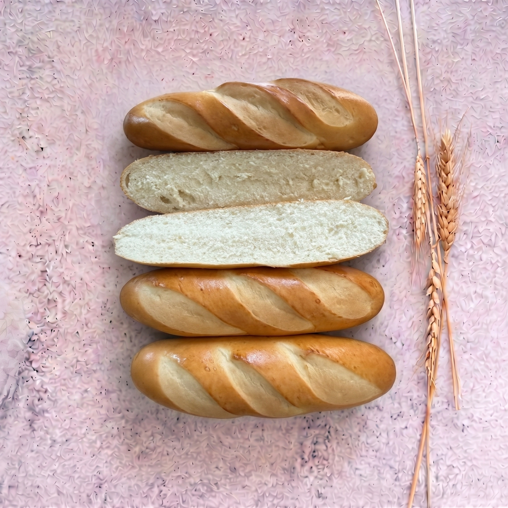 Four bread loaves of different colors arranged on a textured surface with wheat stalks.