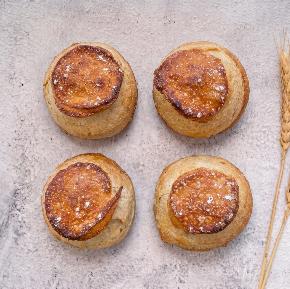 Four small round bread rolls on a textured surface with wheat stalks.